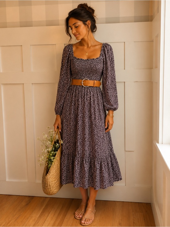 GAP Dresses & Skirts - GAP Plum Floral Square-Neck Midi Dress Medium